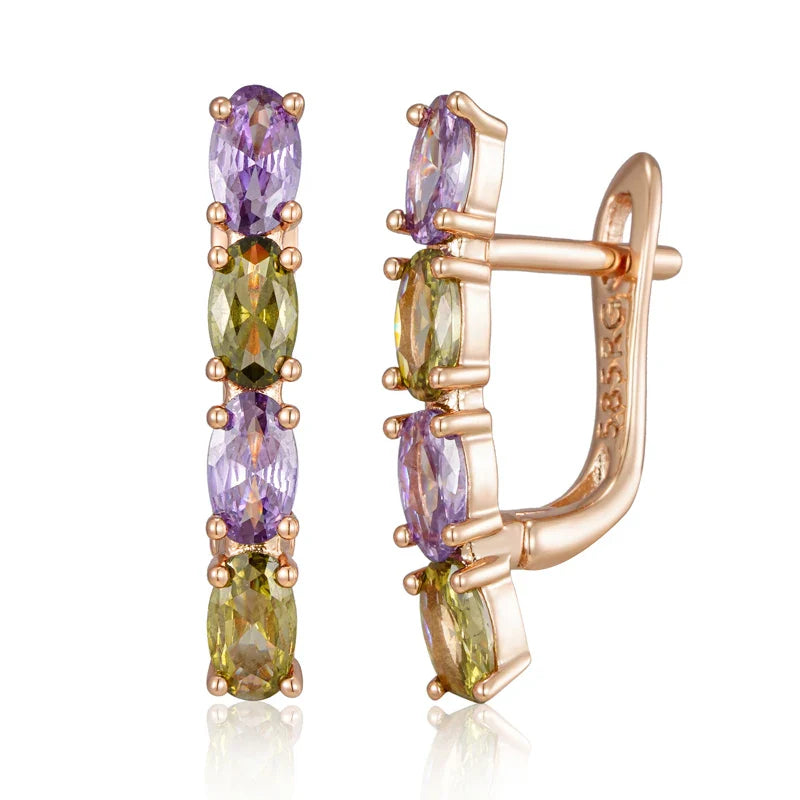 Elegant Purple & Green Diamond Stacked Earrings