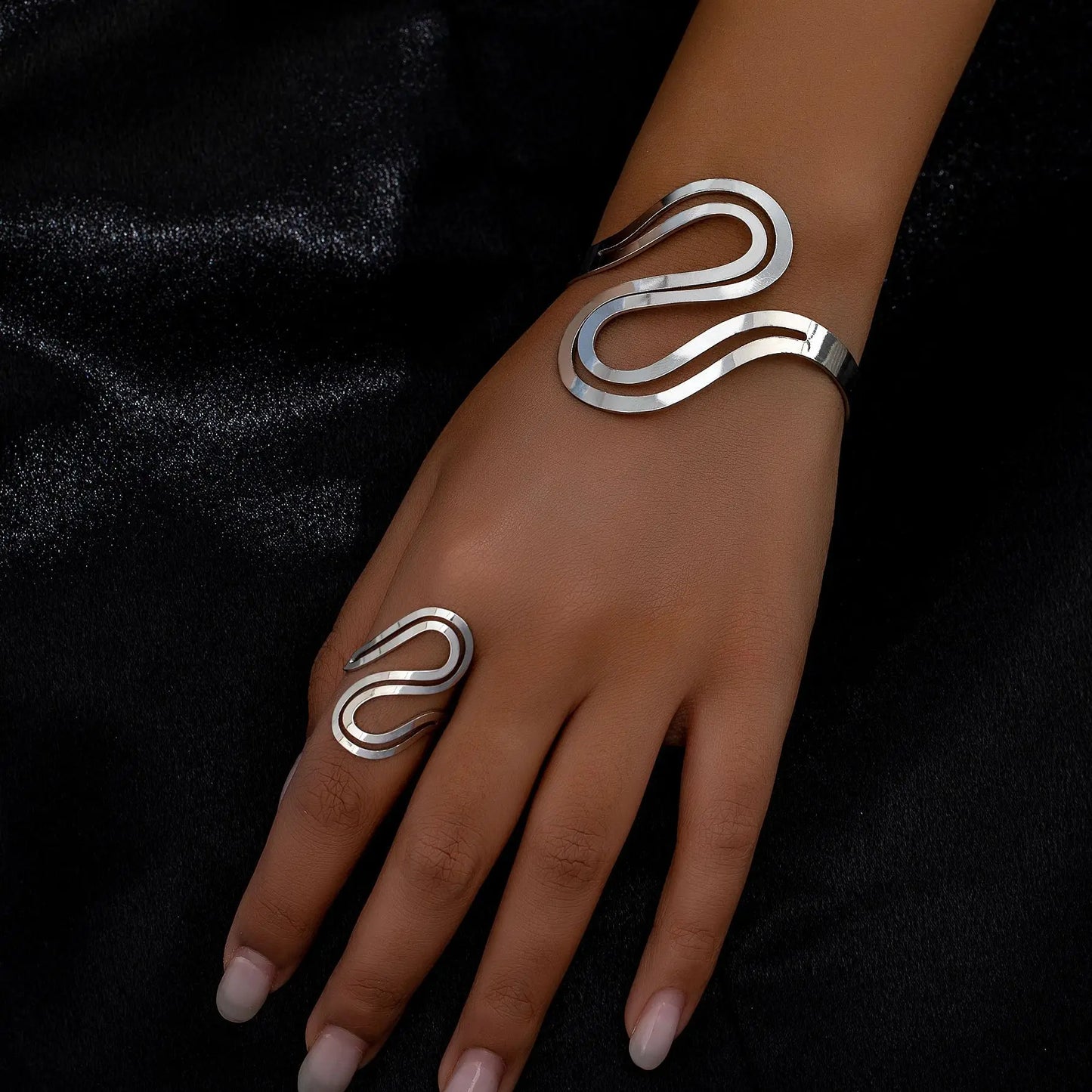 Adjustable Modern Swirl Bracelet and Ring Set