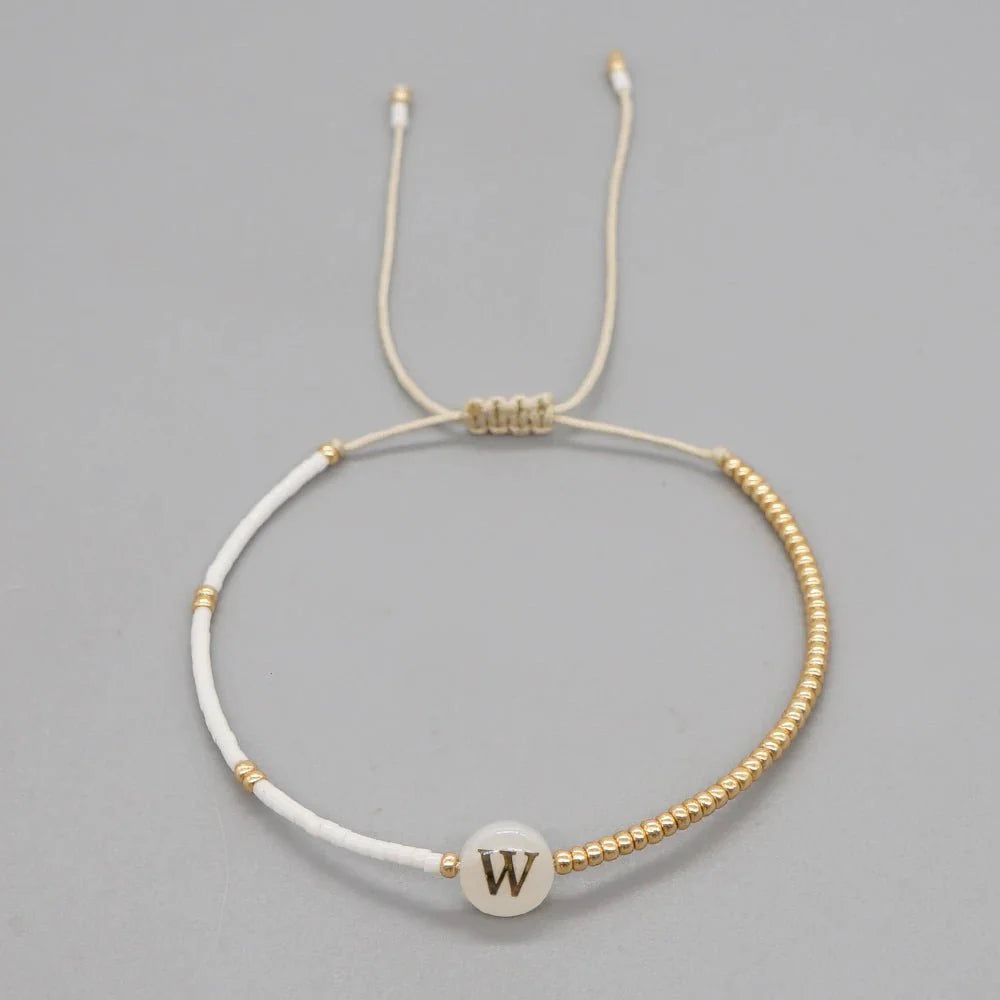 Boho White & Gold Beaded Letter Initial Beaded Bracelets