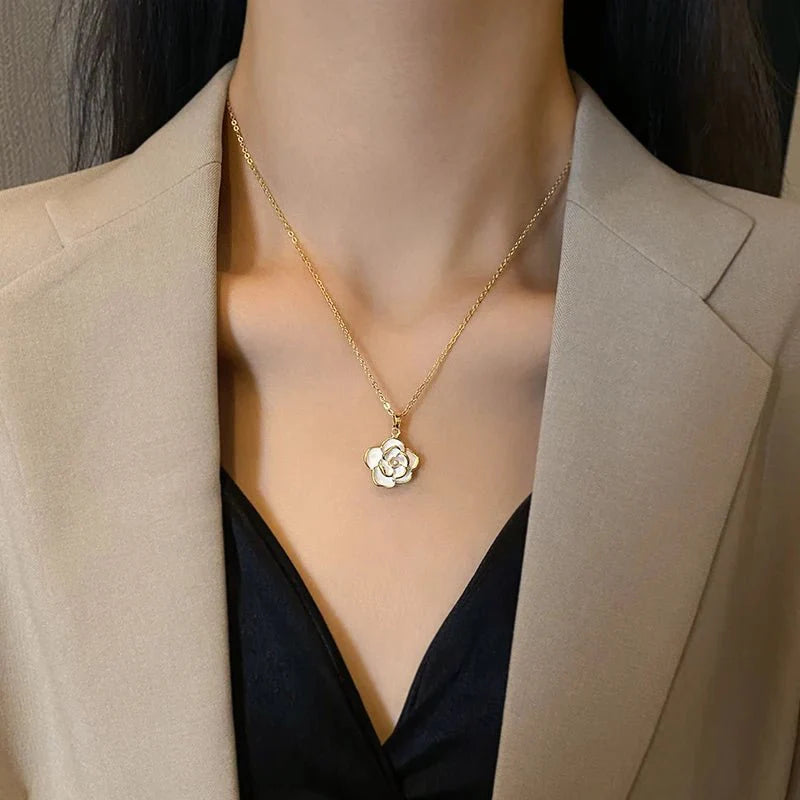 Dainty Blanc Camellia Floral Necklace, Earrings, Ring Jewelry