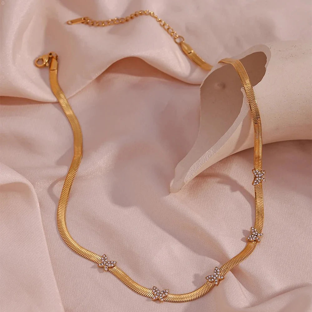 Dainty Diamond Butterfly Herringbone Necklace