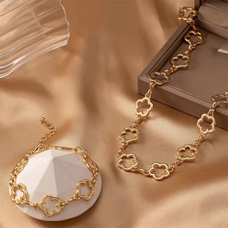 Dainty Open Clover Choker Necklace, Bracelet, Earring Set