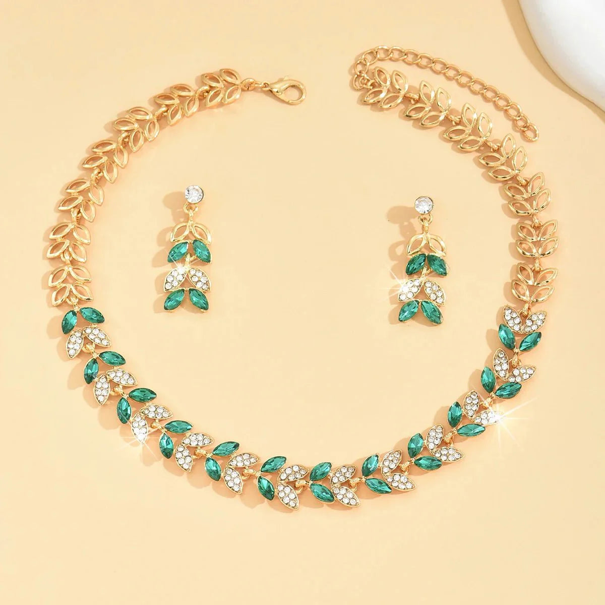 Emerald Leaf Diamond Necklace and Earring Set