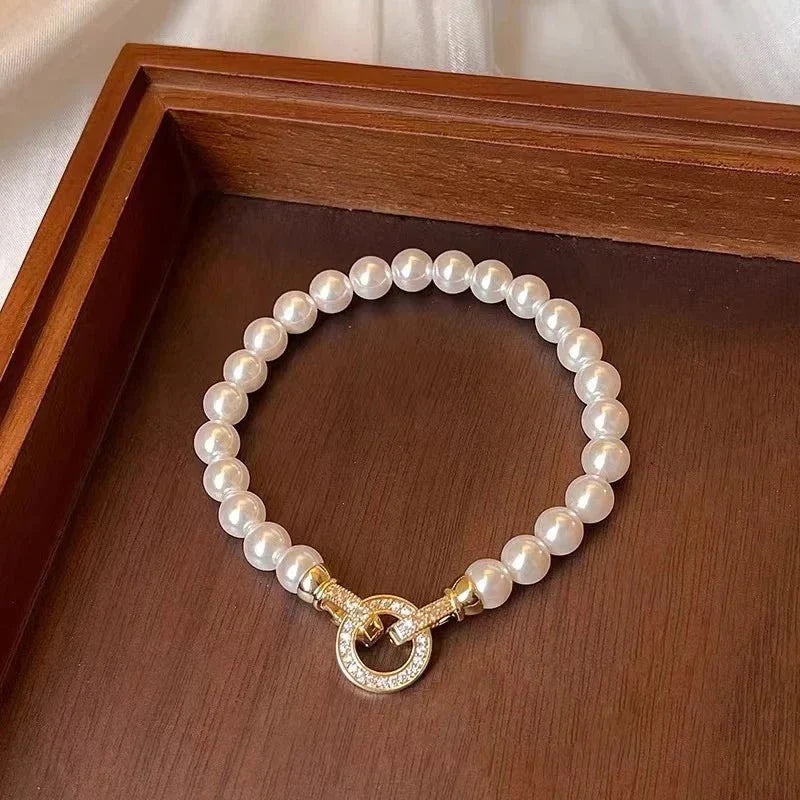 Pearl Diamond Accented Circle Pendant Bracelet and Necklace