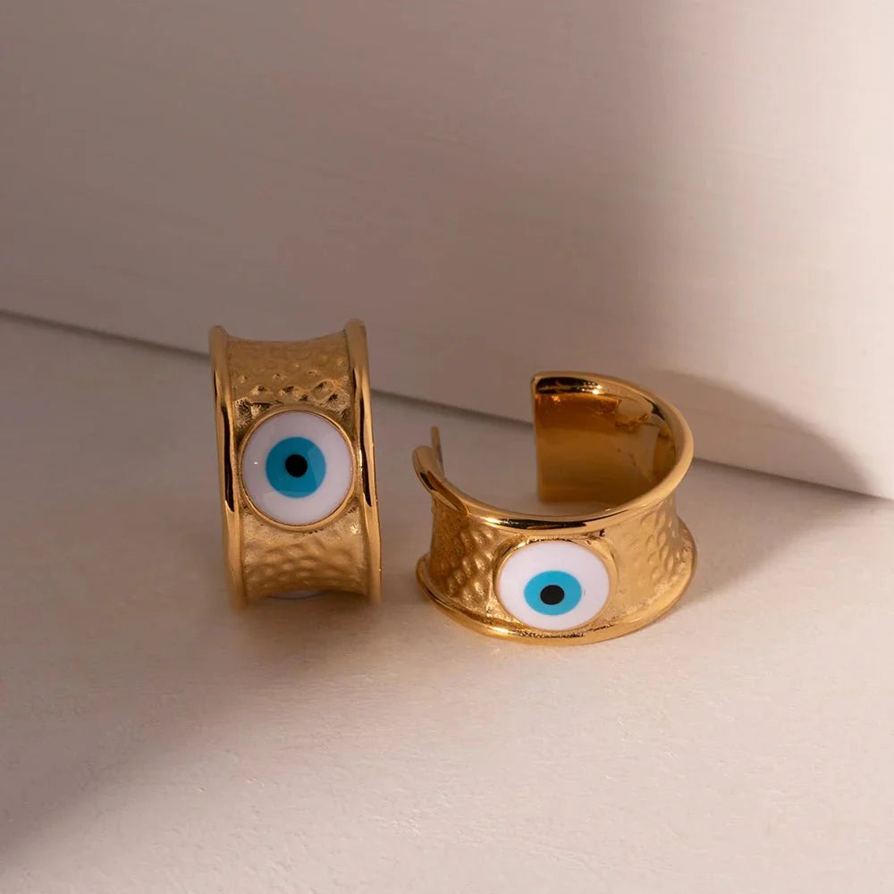 18k Gold Textured Evil Eye Hoop Earrings