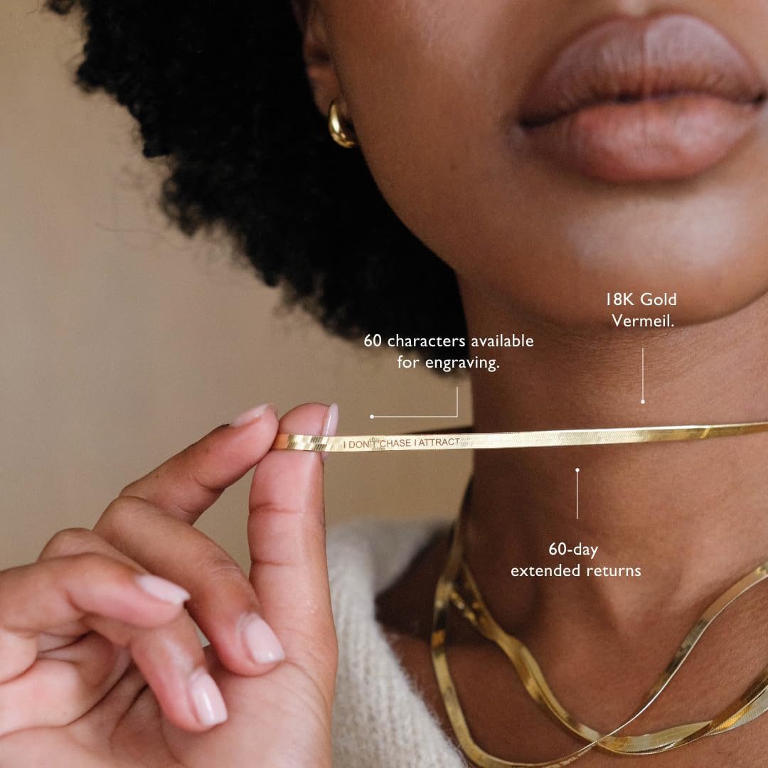 Herringbone Engraved Slim Chain Necklace - Gold Vermeil