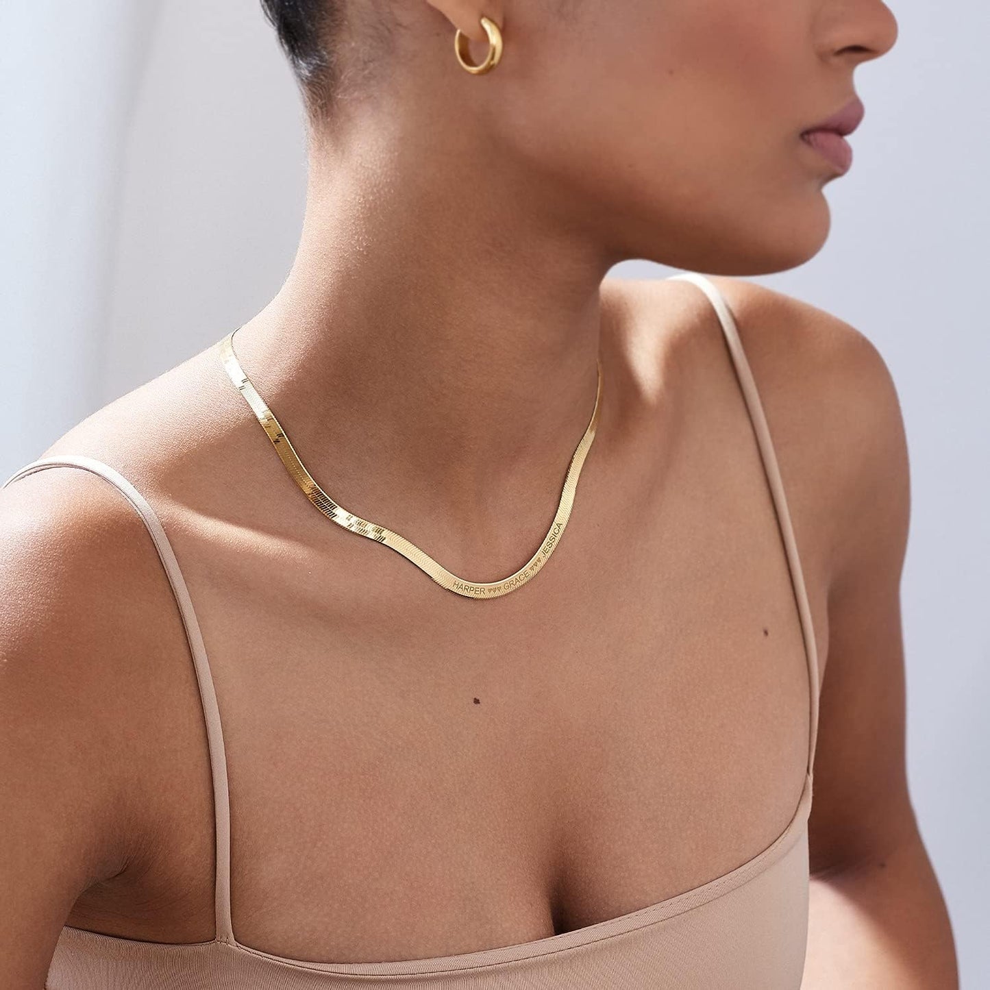 Herringbone Engraved Slim Chain Necklace - Gold Vermeil