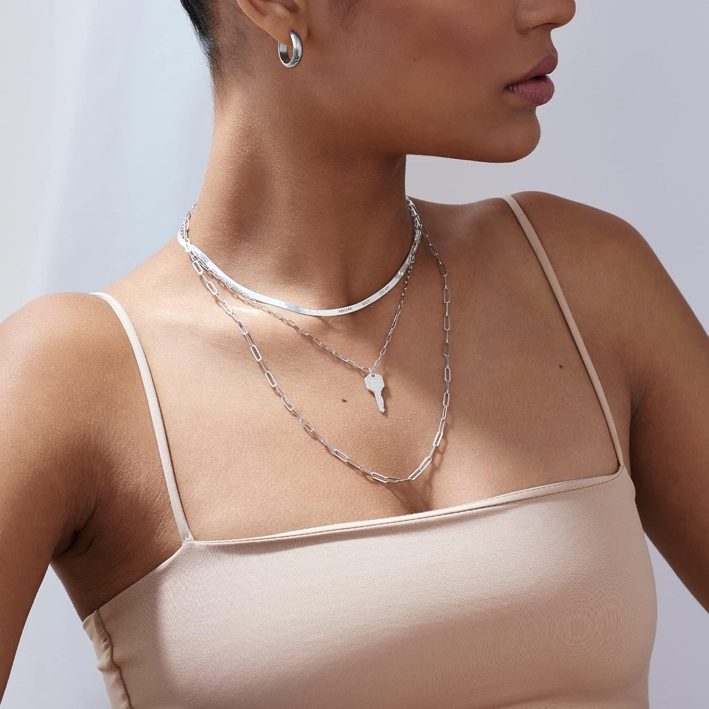 Herringbone Engraved Slim Chain Necklace - Gold Vermeil
