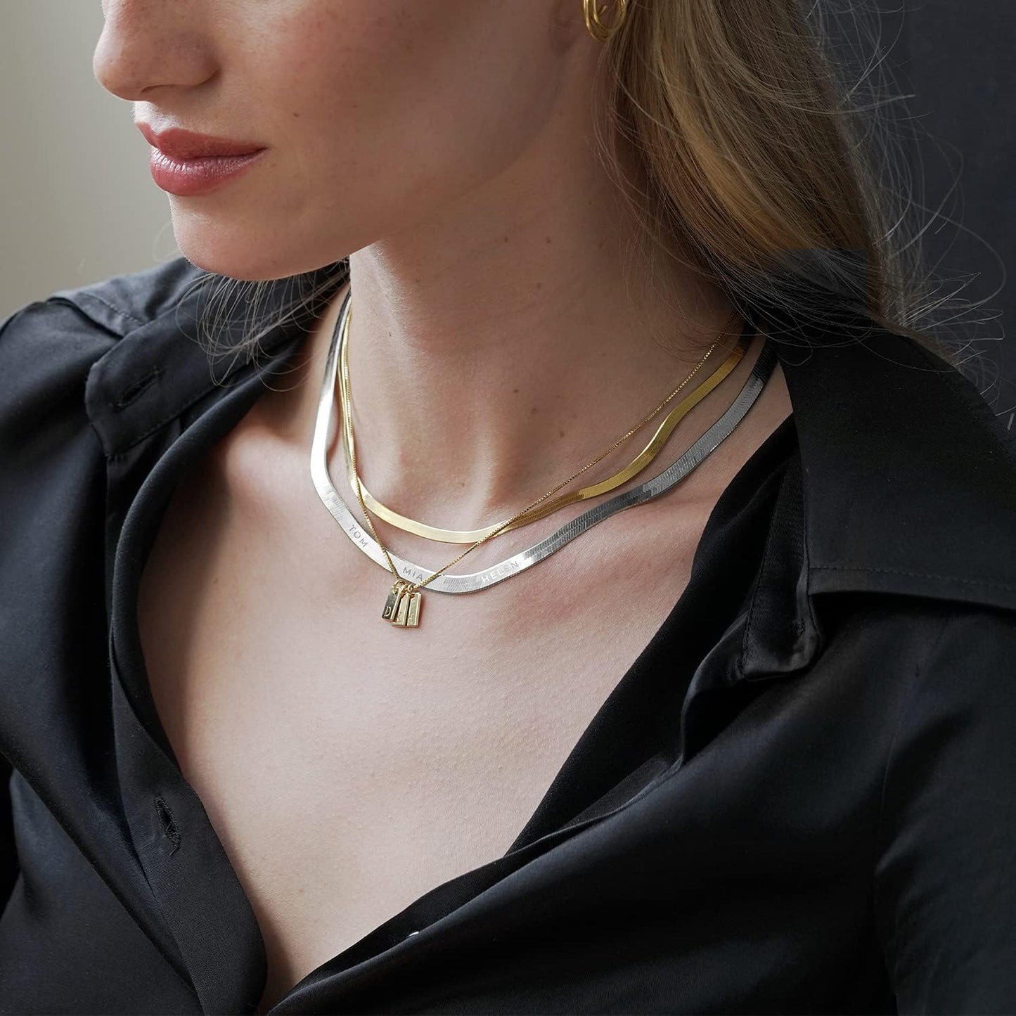 Herringbone Engraved Slim Chain Necklace - Gold Vermeil