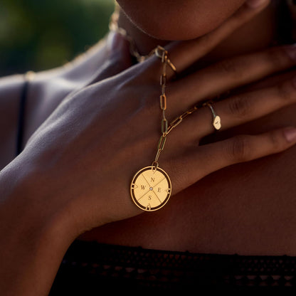 Engraved Compass Necklace - Gold Vermeil