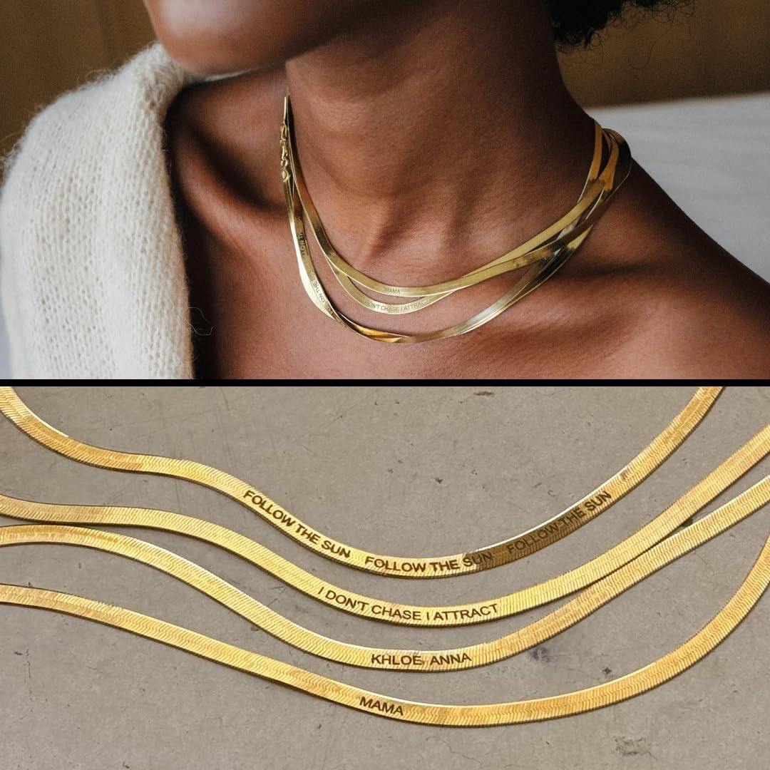 Herringbone Engraved Slim Chain Necklace - Gold Vermeil