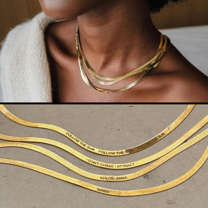 Herringbone Engraved Slim Chain Necklace - Gold Vermeil