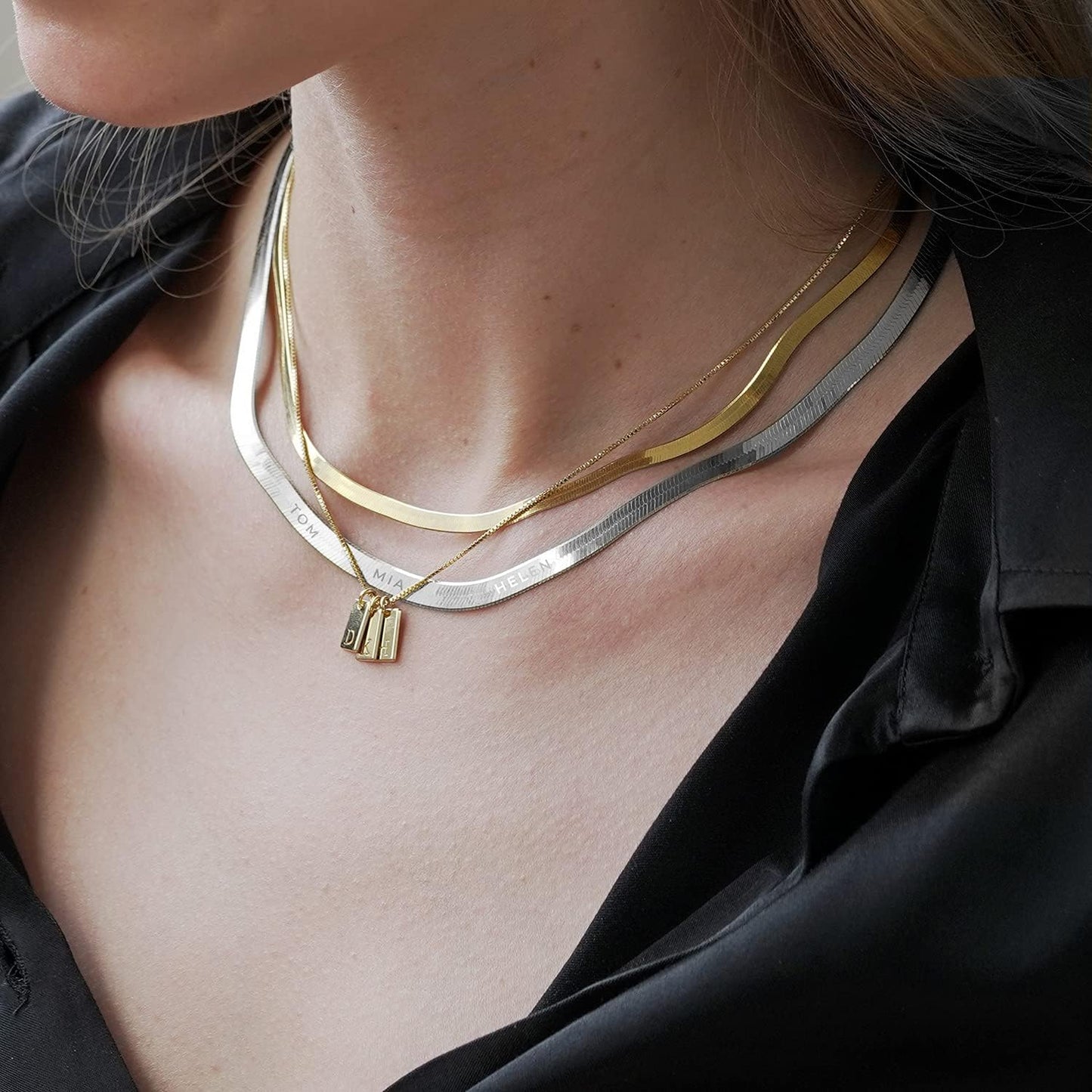 Herringbone Engraved Slim Chain Necklace - Gold Vermeil