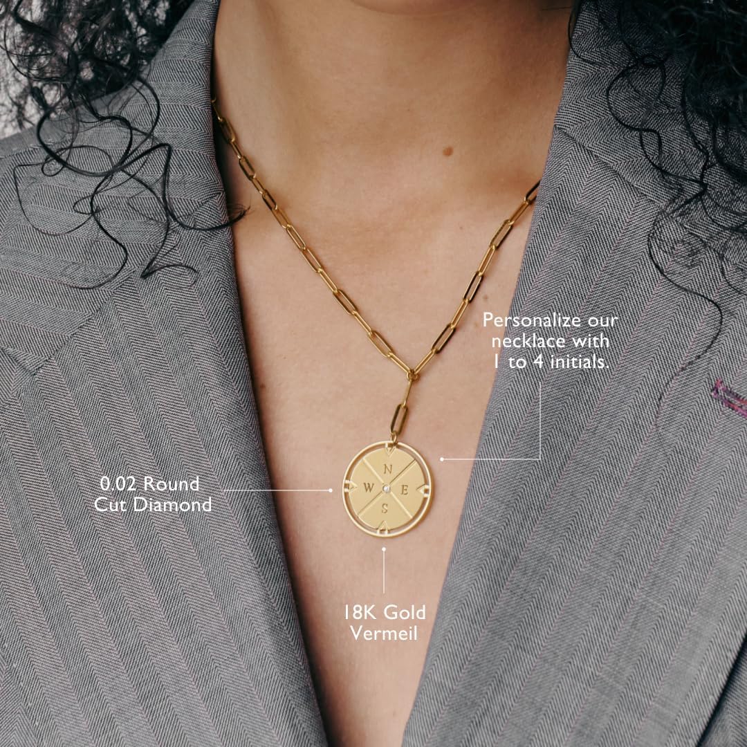 Engraved Compass Necklace - Gold Vermeil