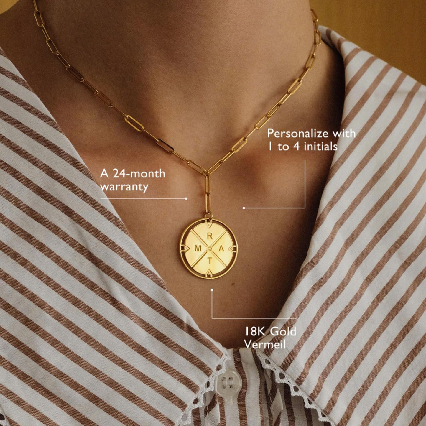 Engraved Compass Necklace - Gold Vermeil