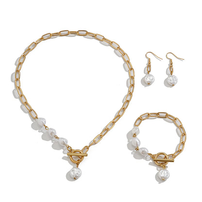 Classy Paperclip Pearl Necklace, Bracelet, and Earrings Set