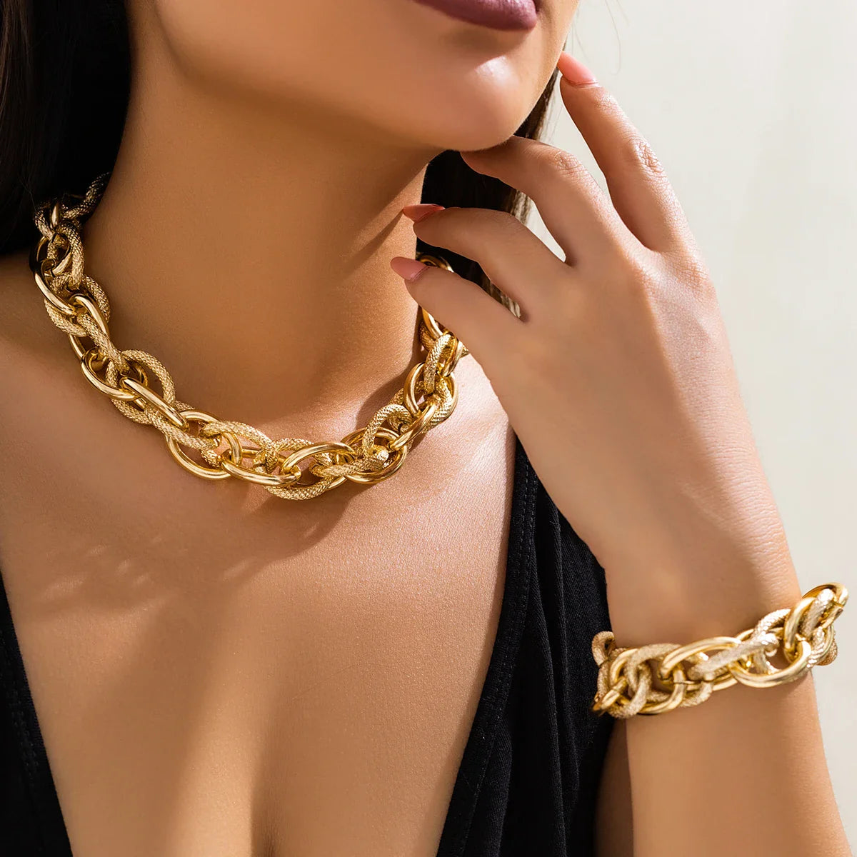 Bold Chunky Woven Dual Chain Bracelet and Necklace Set