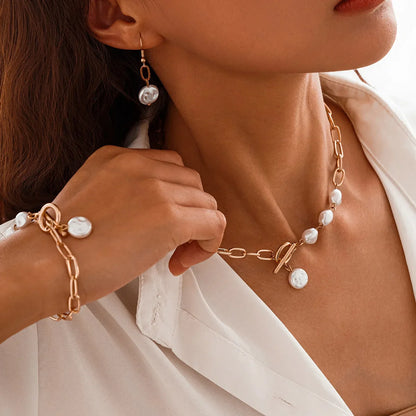 Classy Paperclip Pearl Necklace, Bracelet, and Earrings Set