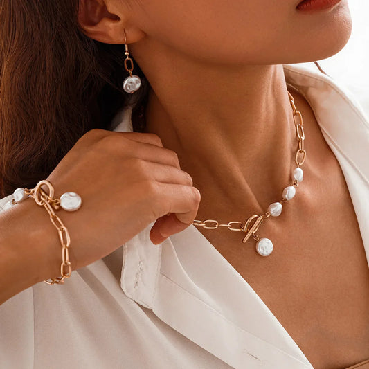 Classy Paperclip Pearl Necklace, Bracelet, and Earrings Set