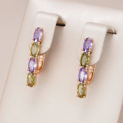 Elegant Purple & Green Diamond Stacked Earrings