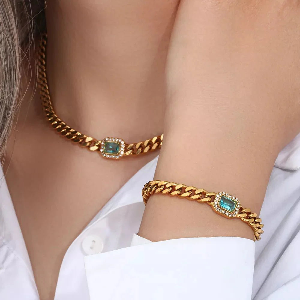 Cuban Chain Square Cut Diamond Choker and Bracelet