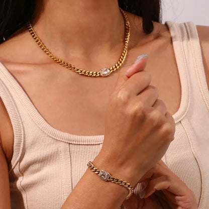 Cuban Chain Square Cut Diamond Choker and Bracelet