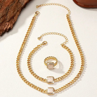 Cuban Square Diamond Necklace, Bracelet, and Ring Set