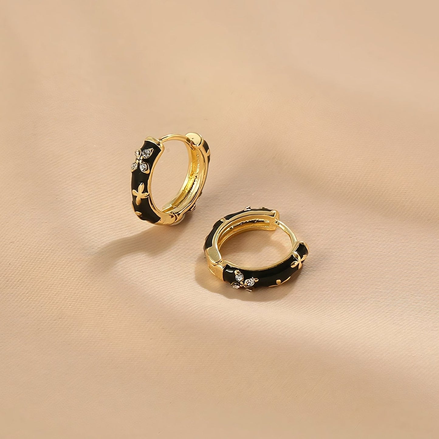Dainty Black and Gold Floral Hoop Earrings