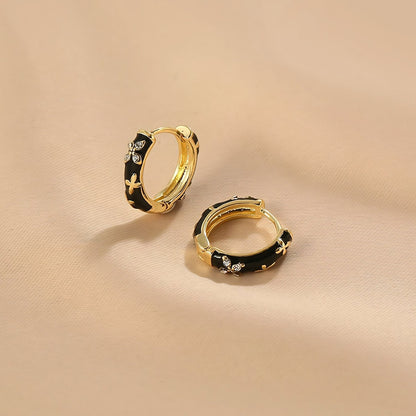 Dainty Black and Gold Floral Hoop Earrings