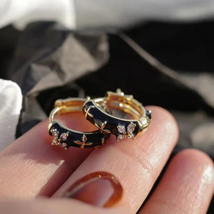 Dainty Black and Gold Floral Hoop Earrings