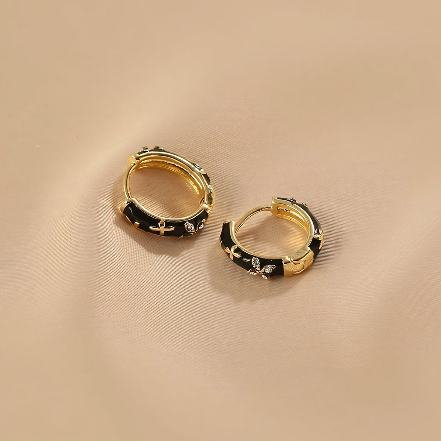 Dainty Black and Gold Floral Hoop Earrings