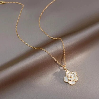 Dainty Blanc Camellia Floral Necklace, Earrings, Ring Jewelry