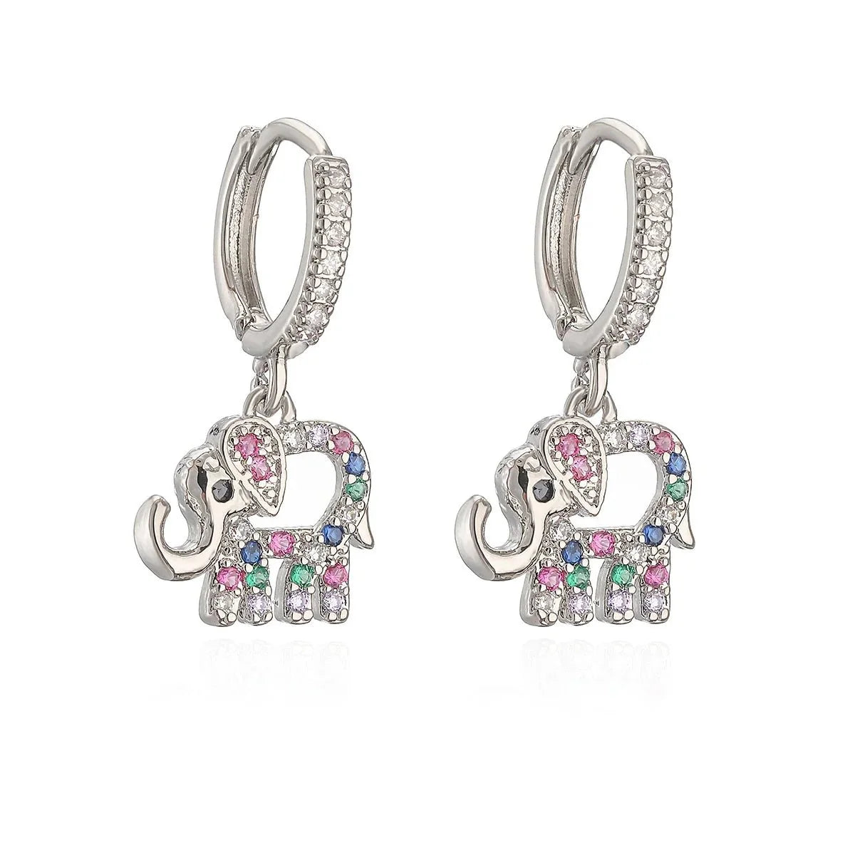 Dainty Colorful Diamond Elephant Outline Earrings