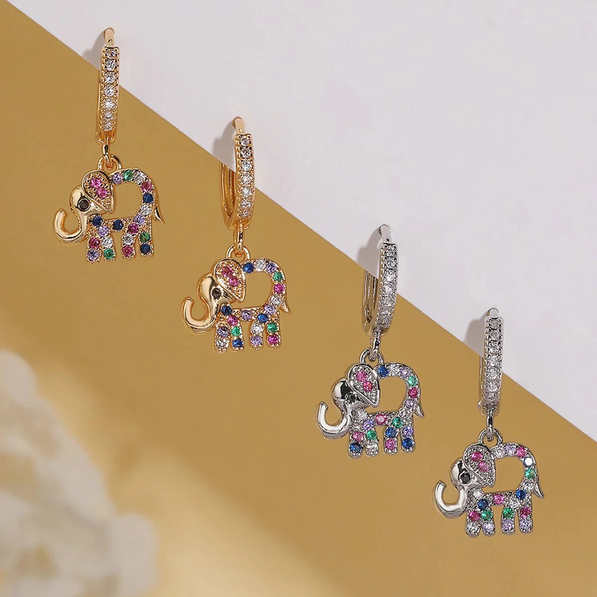 Dainty Colorful Diamond Elephant Outline Earrings