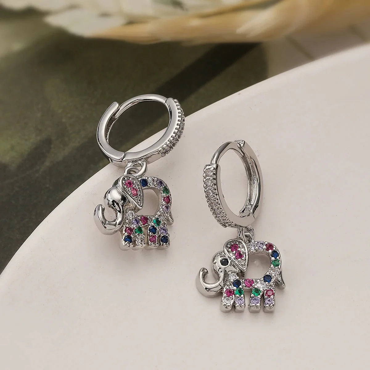 Dainty Colorful Diamond Elephant Outline Earrings