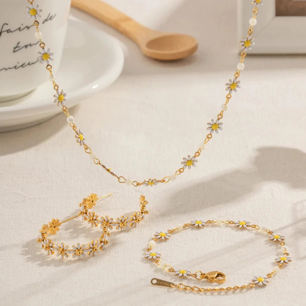 Dainty Daisy Floral Bracelet Necklace and Earrings Set