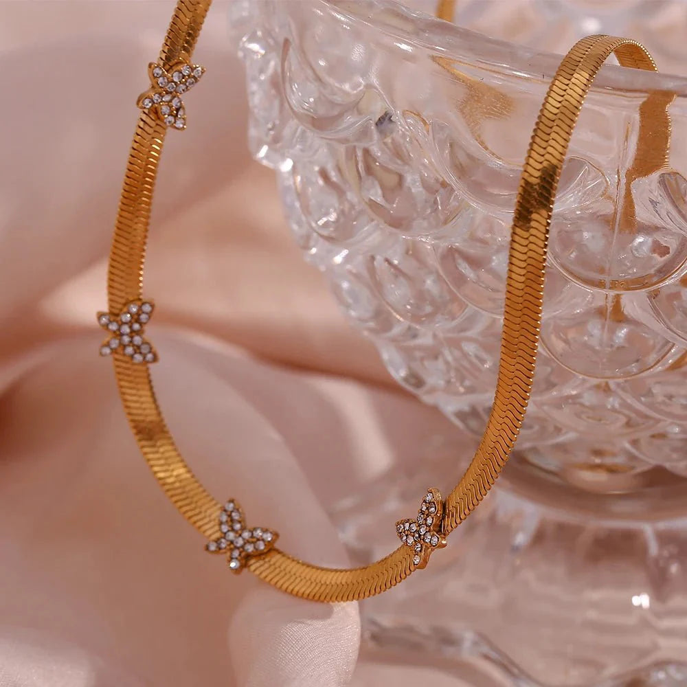 Dainty Diamond Butterfly Herringbone Necklace
