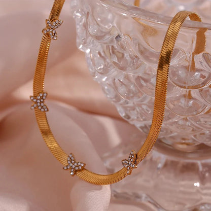 Dainty Diamond Butterfly Herringbone Necklace