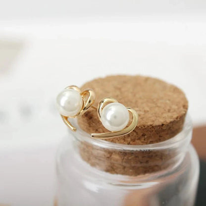 Dainty Gold Accented Heart Pearl Stud Earrings
