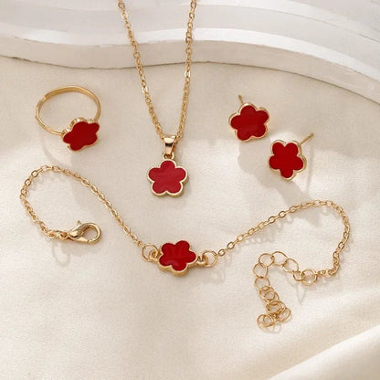 Dainty Lucky Floral Clover Necklace, Bracelet, Earrings, and Rings Set