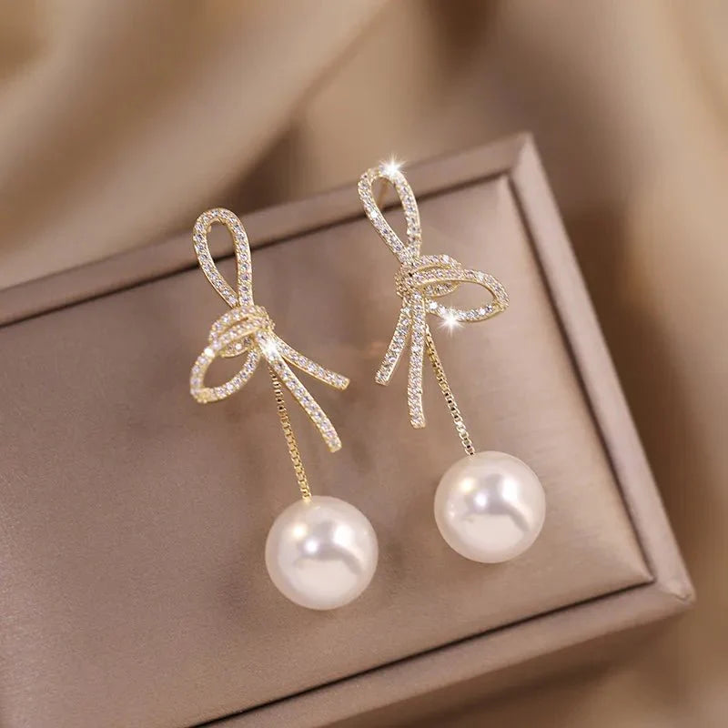 Dazzling Bowknot Pearl Drop Earrings
