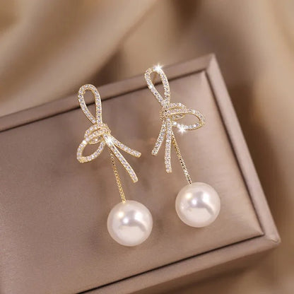 Dazzling Bowknot Pearl Drop Earrings