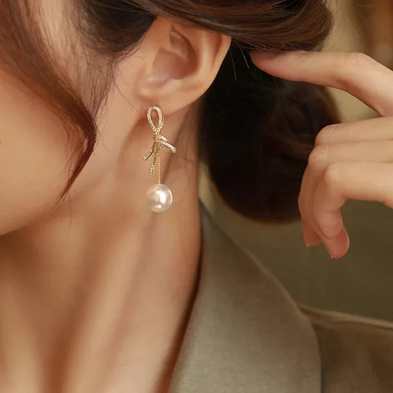 Dazzling Bowknot Pearl Drop Earrings