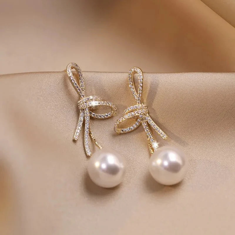 Dazzling Bowknot Pearl Drop Earrings