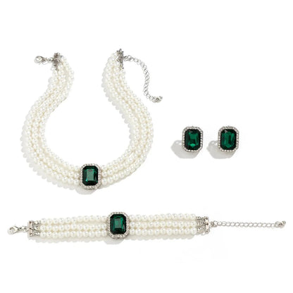 Elegant Pearl Diamond Necklace, Bracelet, and Earring Set