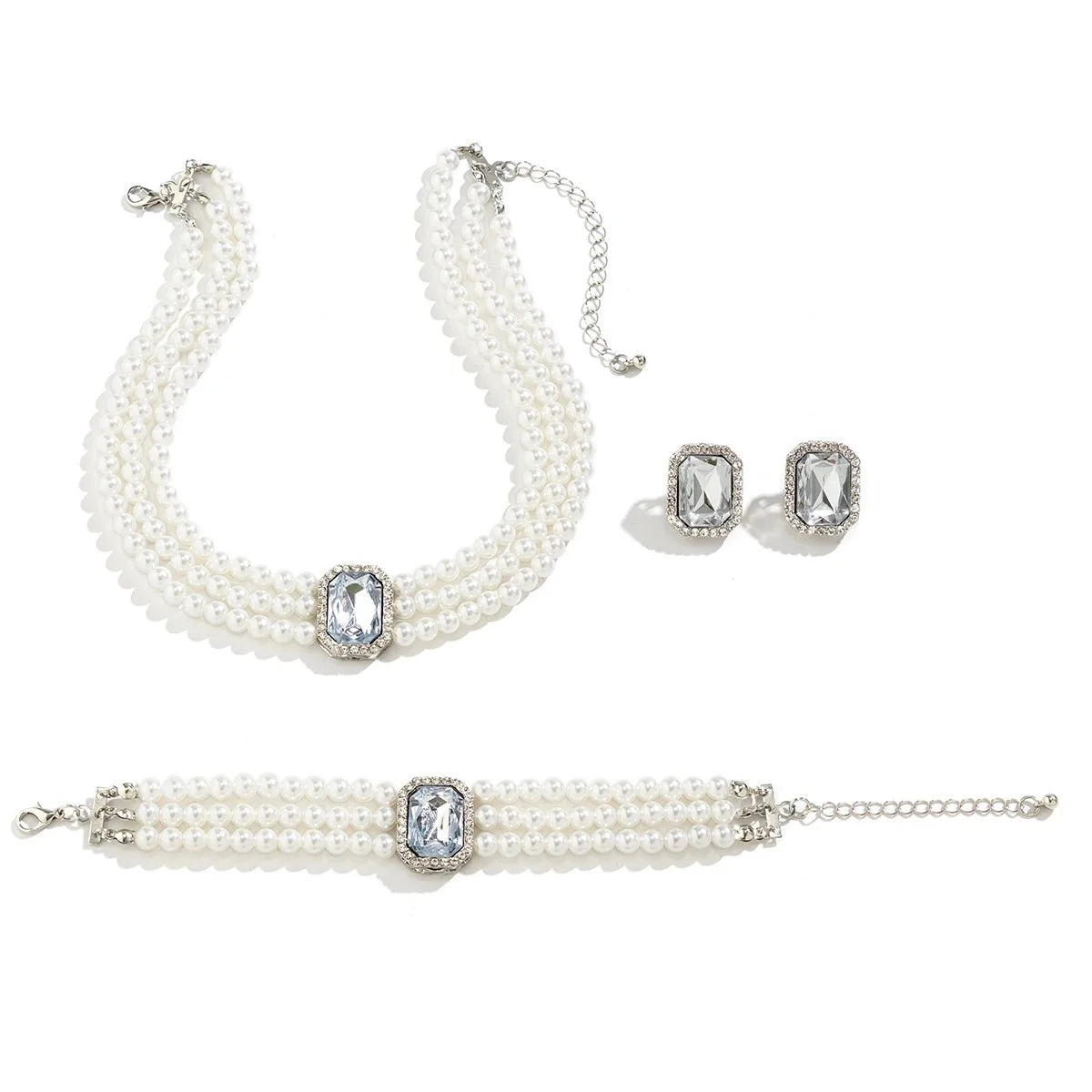 Elegant Pearl Diamond Necklace, Bracelet, and Earring Set