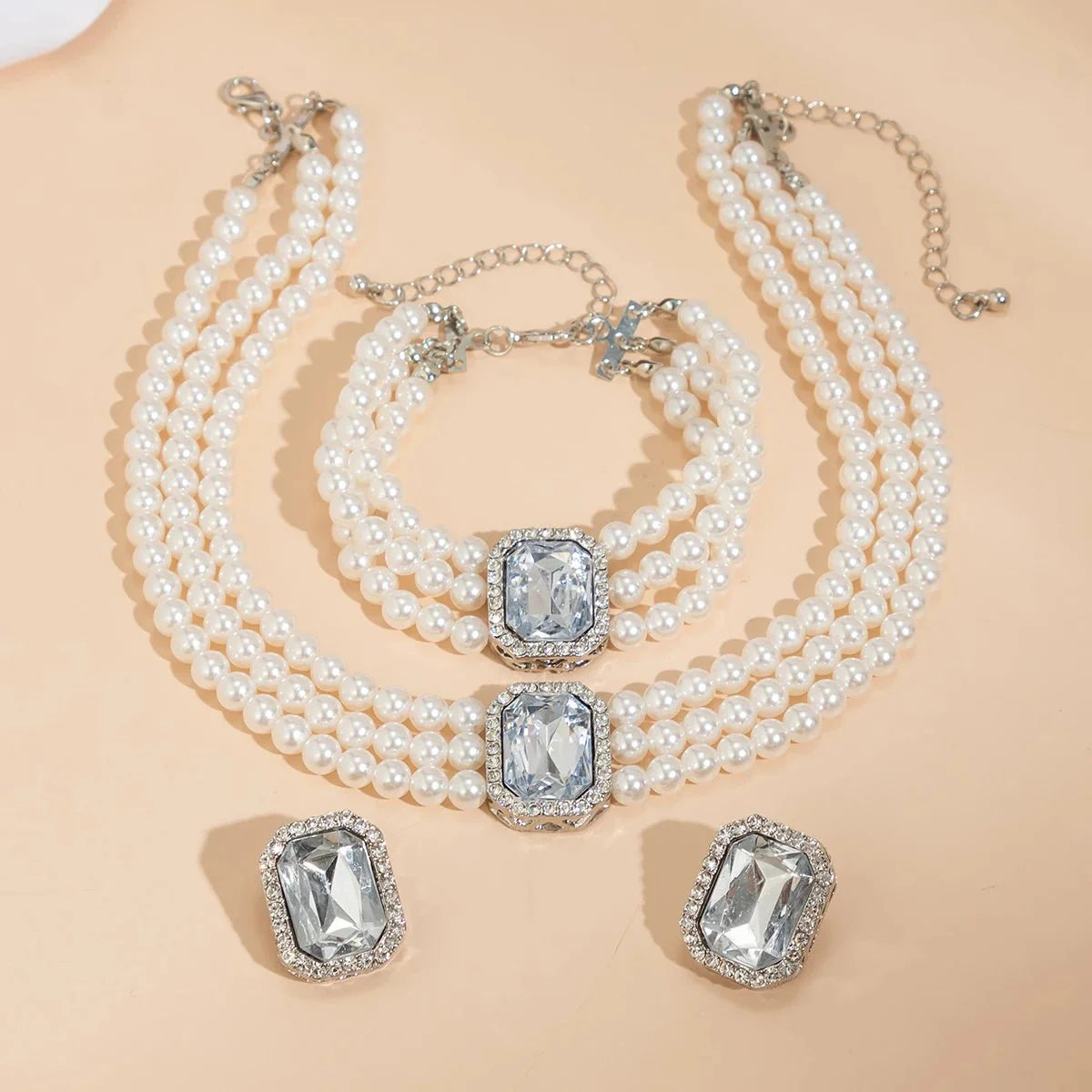 Elegant Pearl Diamond Necklace, Bracelet, and Earring Set