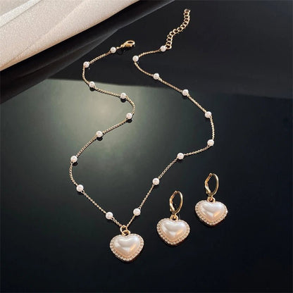 Elegant Pearl Heart Necklace and Earrings Set