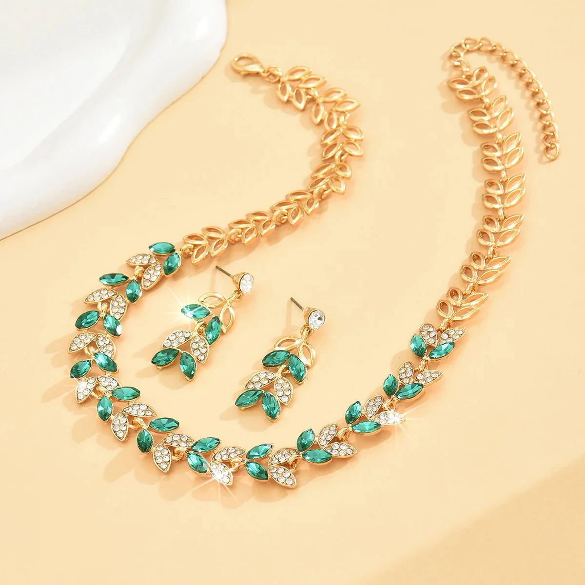 Emerald Leaf Diamond Necklace and Earring Set