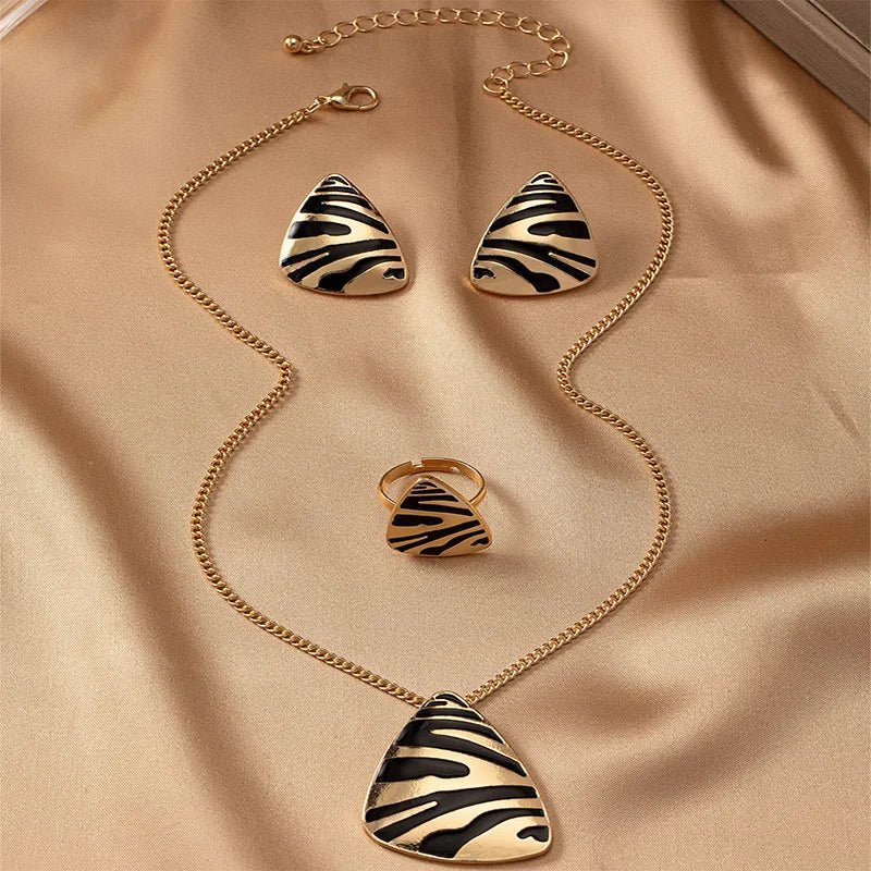 Geometric Leopard Print Necklace, Ring, Earrings Set